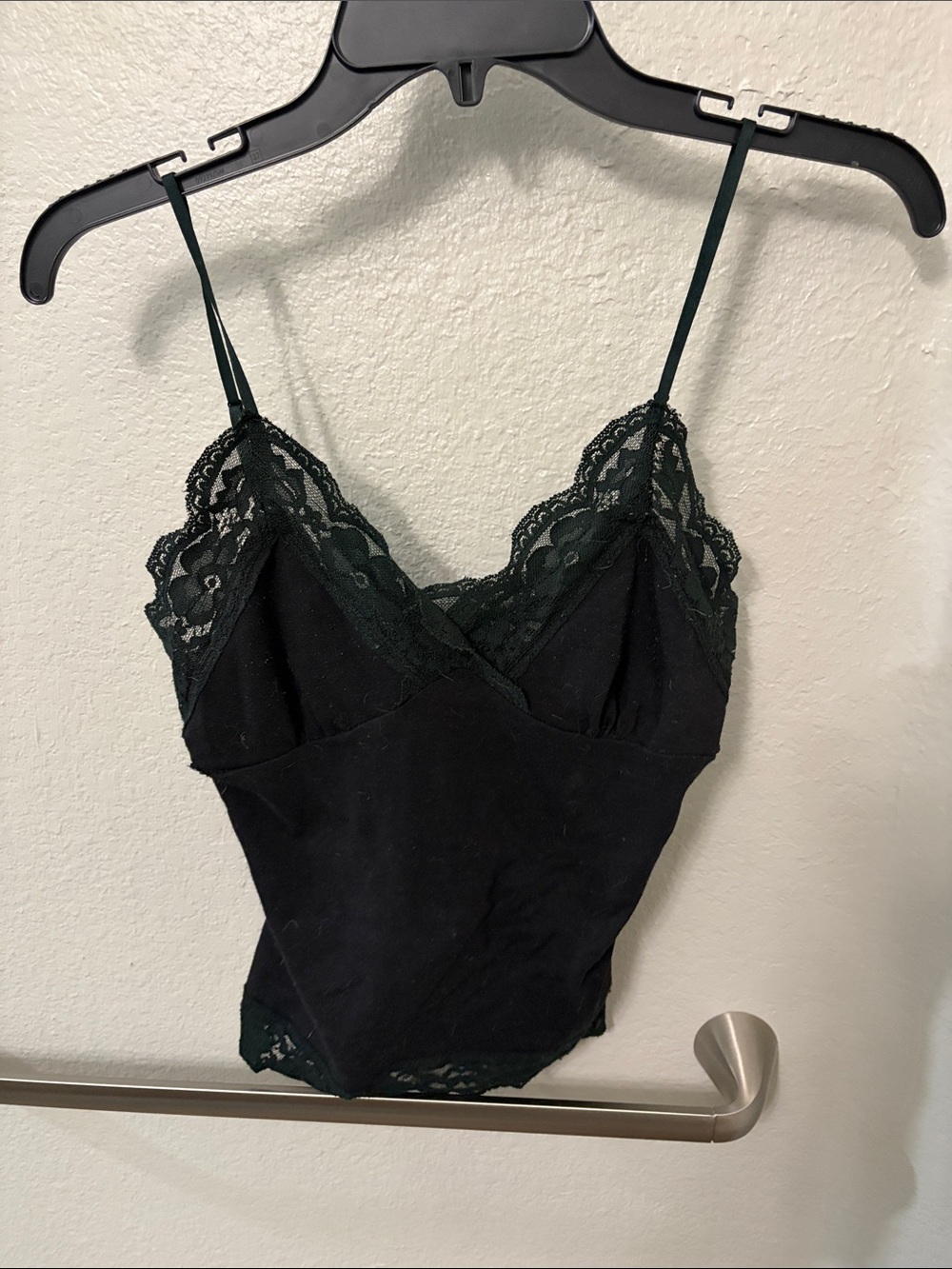 Lace Trim Camisole Bodysuit - Black with Dark Green Lace